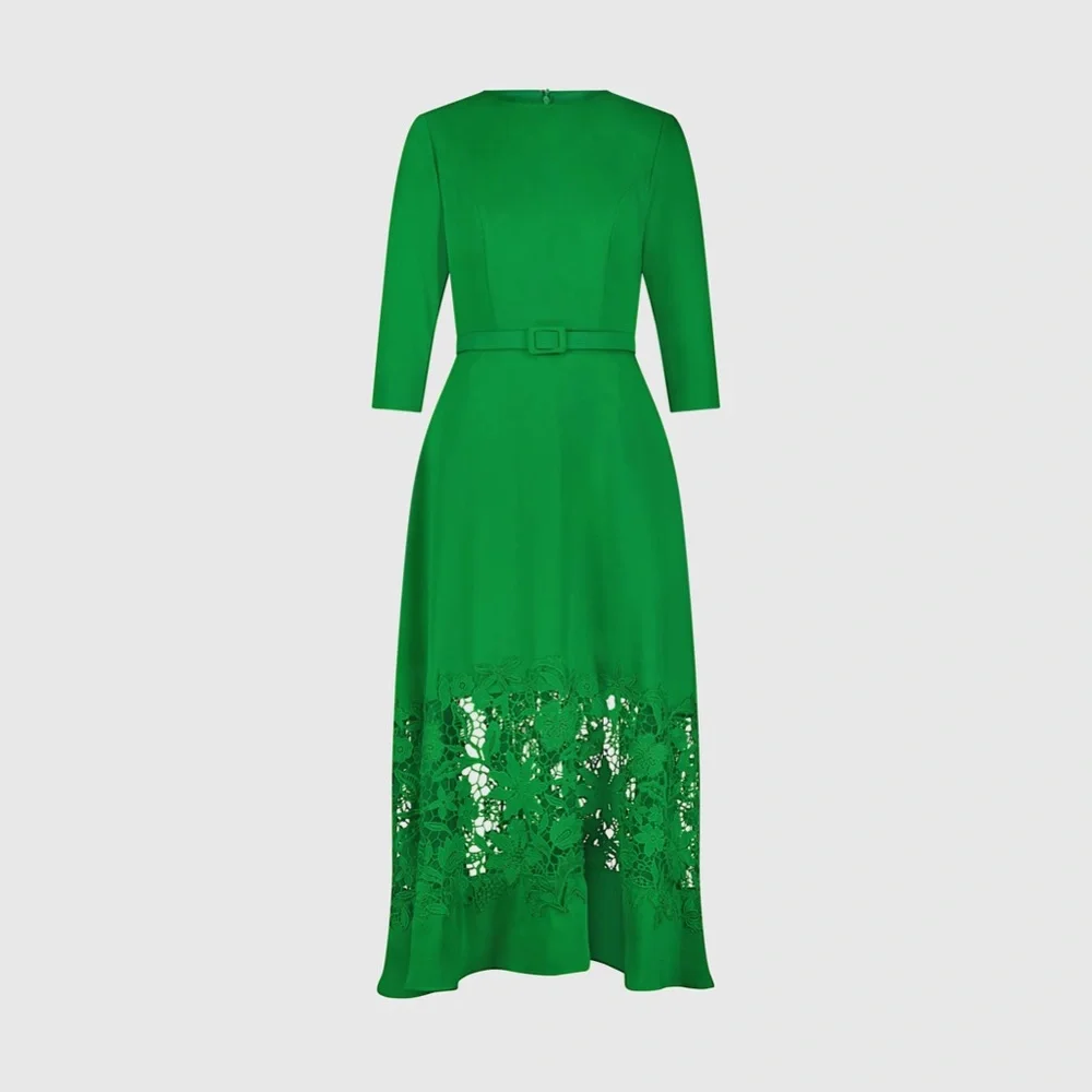 Mac Duggal 21001 Green Crepe Boat Neck Midi Dress With Applique Cut Out Size L - Picture 2 of 9